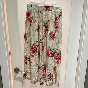 Cream Floral Midi Skirt with Red Rose Print